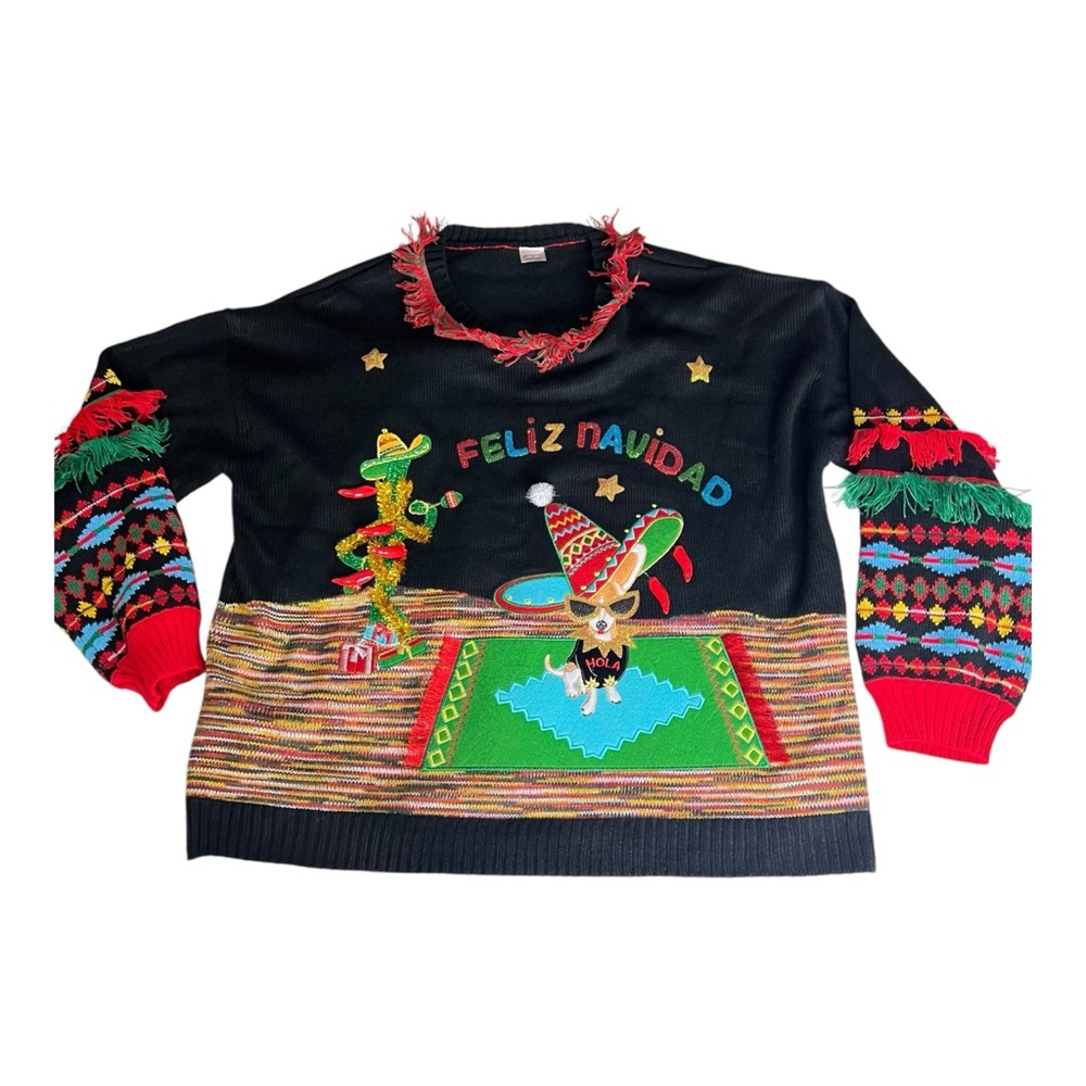 Holiday Time Feliz Navidad Ugly Christmas Sweater Chihuahua and Cactus
